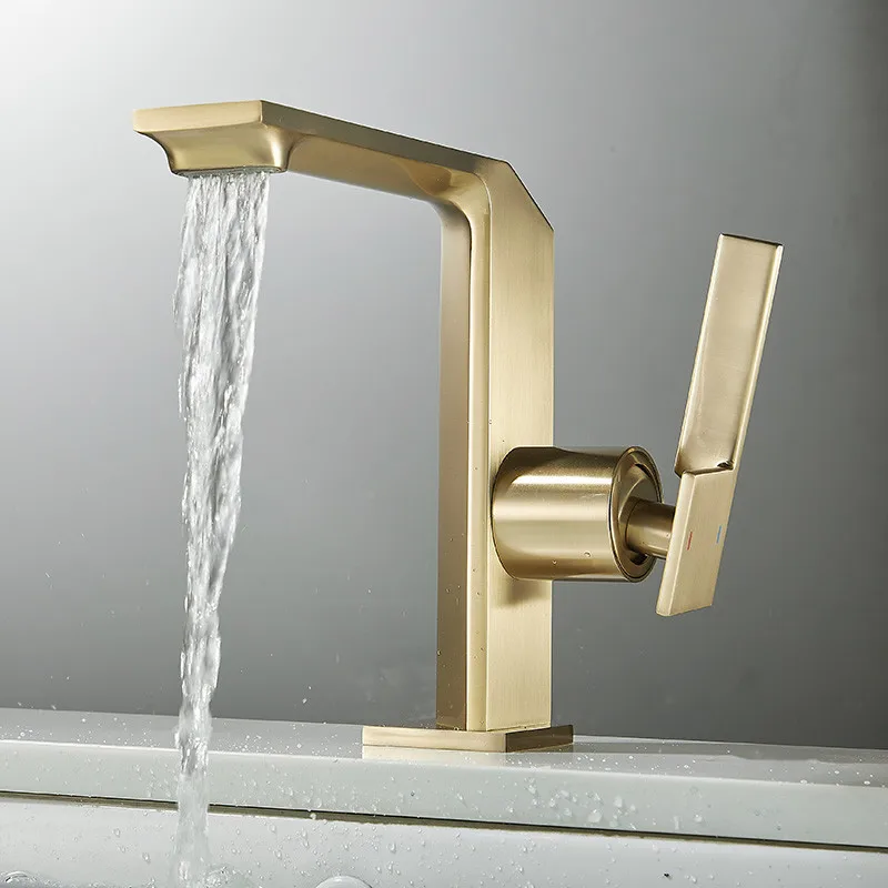 

Bathroom Basin Mixer Faucets Hot & Cold Brass Sink Waterfall Taps Single Handle Deck Mounted Brushed Gold/Gun Grey/Chrome/Black