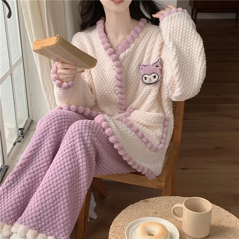 

Anime Kawaii Pochacco Sanrio Plush Pajama New Kuromi Cute Winter Warm Thickened Flannel Homelike Cardigan Set Birthday Girl Gift