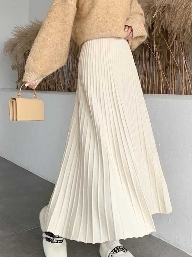 

Зимняя винтажная элегантная вязаная юбка, Женская однотонная теплая плиссированная шикарная юбка-свитер, Женская корейская модная юбка с высокой талией 2023