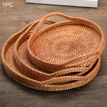 Rattan Serving Tray Round Woven Wicker Basket Decorative Rustic Table Tray with Handles for Serving Dinner Parties Breakfast