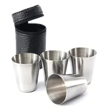 4pcs Set Polished Mini Stainless Steel Shot Glass Cup Drinking Wine Glasses With Leather Cover Bag For Home Kitchen Bar