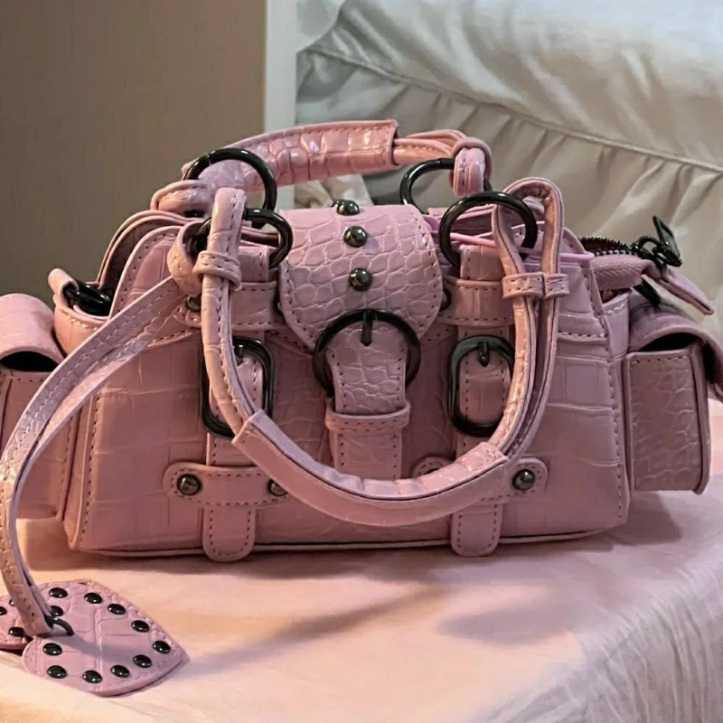 

Y2k Vintage Women's Shoulder 2023 Luxury Designer Handbag Pink Studded Hot Girls Leather Underarm Bag Square Flap Handbag