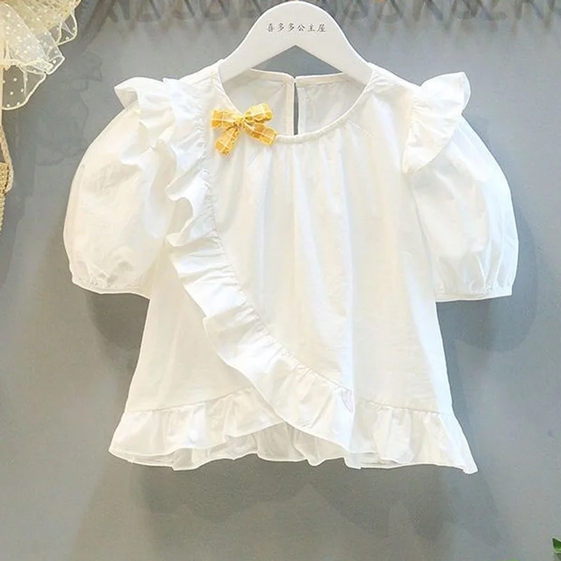 Children's Ruffled Shirts White Versatile Bow Bubbles Short Sleeve 95% Pure Cotton Girl's Loose Back Single Breasted Blouses
Children's Ruffled Shirts White Versatile Bow Bubbles Short Sleeve 95% Pure Cotton Girl's Loose Back Single Breasted Blouses