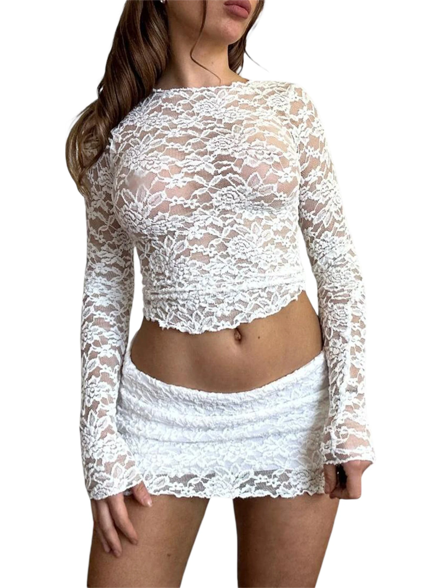 Women s Elegant Lace Long Sleeve Crop Top Slim Fit Crew Neck Sheer Blouse Y2K Party Shirt Exquisite See-Through Top
Women s Elegant Lace Long Sleeve Crop Top Slim Fit Crew Neck Sheer Blouse Y2K Party Shirt Exquisite See-Through Top