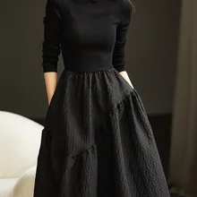 UCXQ Elegant Black Knitted Patchwork Dress O-neck Long Sleeve Slim Jacquard Women Dresse Vestido Autumn 2023 New Winter 10AB468
