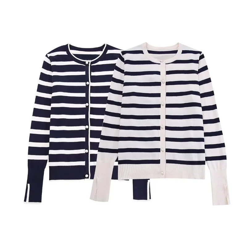 2023 Autumn Woman Basic Navy Blue Striped Knit Cardigan Female Soft O Neck Knitwear Ladies Single Breasted Knitted Jacket
2023 Autumn Woman Basic Navy Blue Striped Knit Cardigan Female Soft O Neck Knitwear Ladies Single Breasted Knitted Jacket