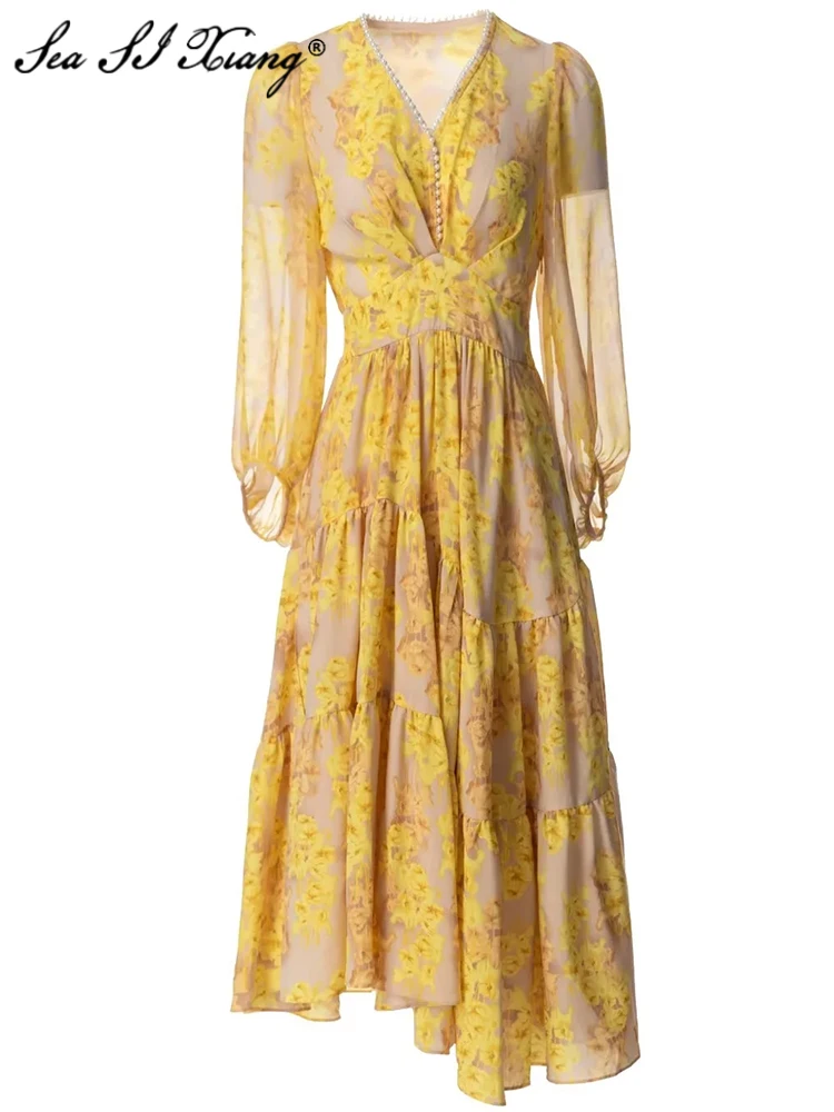 Seasixiang Fashion Designer Summer Dress Women V-Neck Lantern Sleeve Beading Flowers Print Bohemian Vacation Dresses
Seasixiang Fashion Designer Summer Dress Women V-Neck Lantern Sleeve Beading Flowers Print Bohemian Vacation Dresses