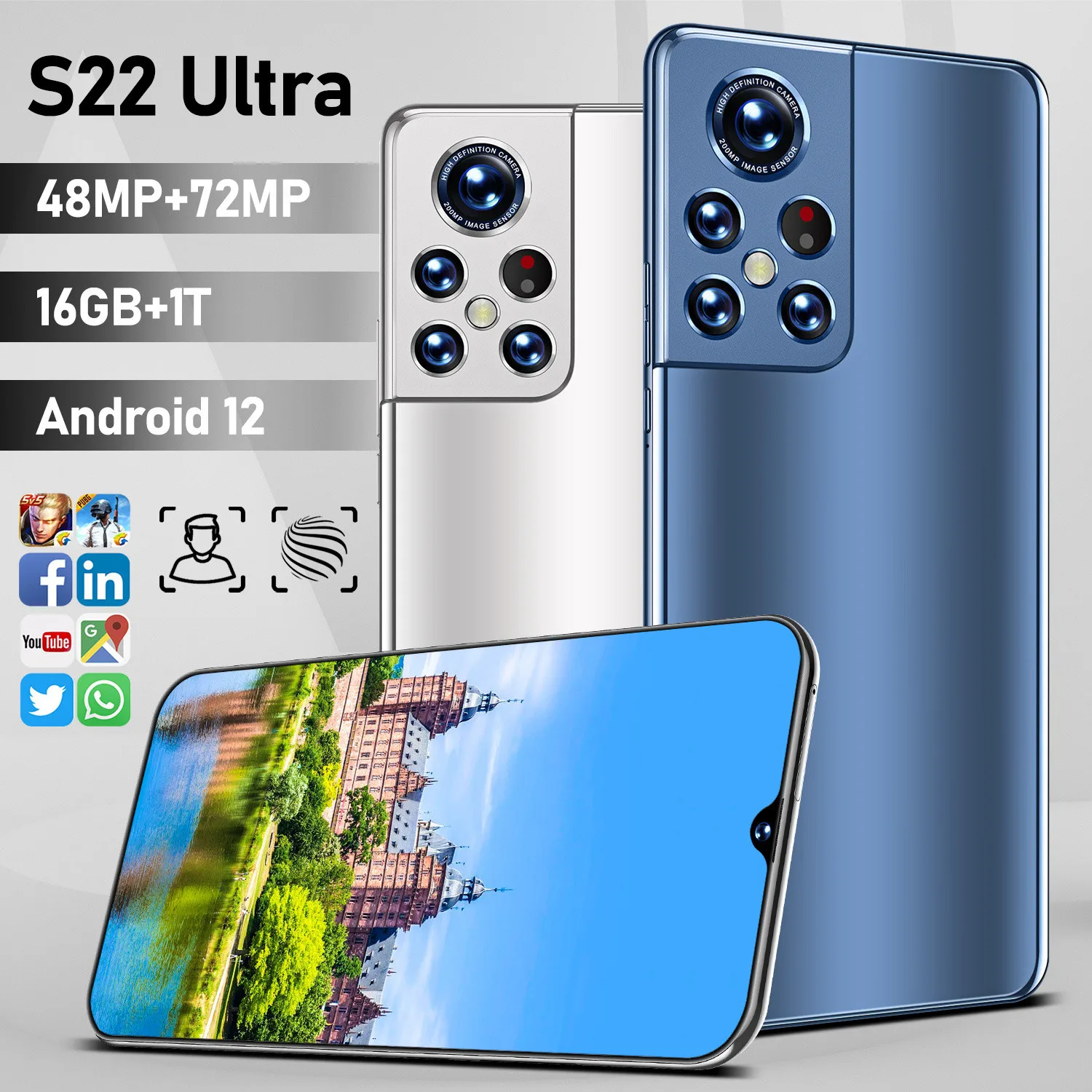 Newest Smartphone S22 Ultra 6.93inch Screen 16G+1T Android 10 6800mAh 48+72MP HD Camera 2021 Hot Selling 5G Network смартфоны
Newest Smartphone S22 Ultra 6.93inch Screen 16G+1T Android 10 6800mAh 48+72MP HD Camera 2021 Hot Selling 5G Network смартфоны