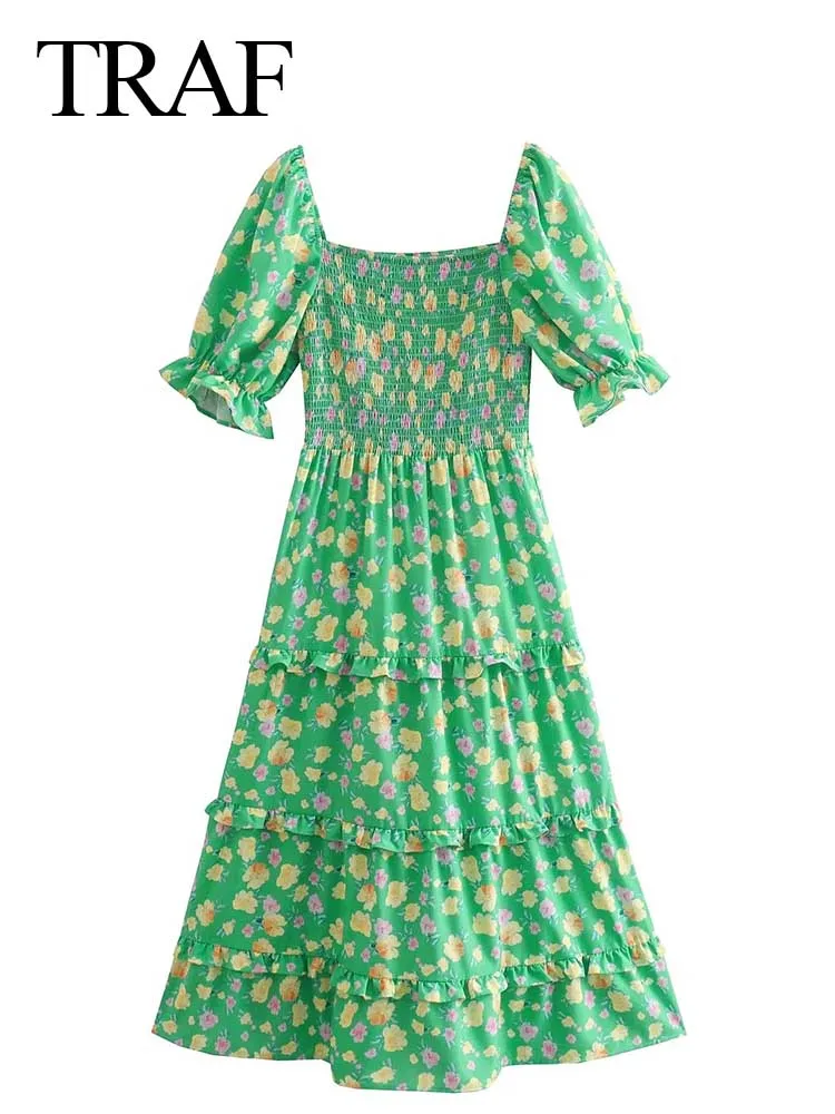 TRAF Elegant Female Print Floral Long Dress Raglan Puff Short-sleeved Square Neck Elastic Bust Slim Sexy Fungus Edge Ruffle 
TRAF Elegant Female Print Floral Long Dress Raglan Puff Short-sleeved Square Neck Elastic Bust Slim Sexy Fungus Edge Ruffle