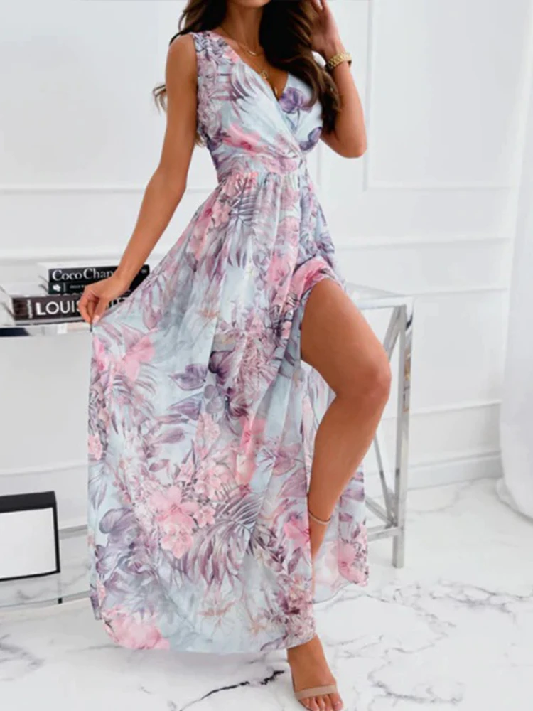 Women's Sleeveless V Neck Sexy Maxi Slip Dress Summer Spaghetti Strap Party Dress Fashion Floral Print Slit Beach Holiday Dress
Women's Sleeveless V Neck Sexy Maxi Slip Dress Summer Spaghetti Strap Party Dress Fashion Floral Print Slit Beach Holiday Dress