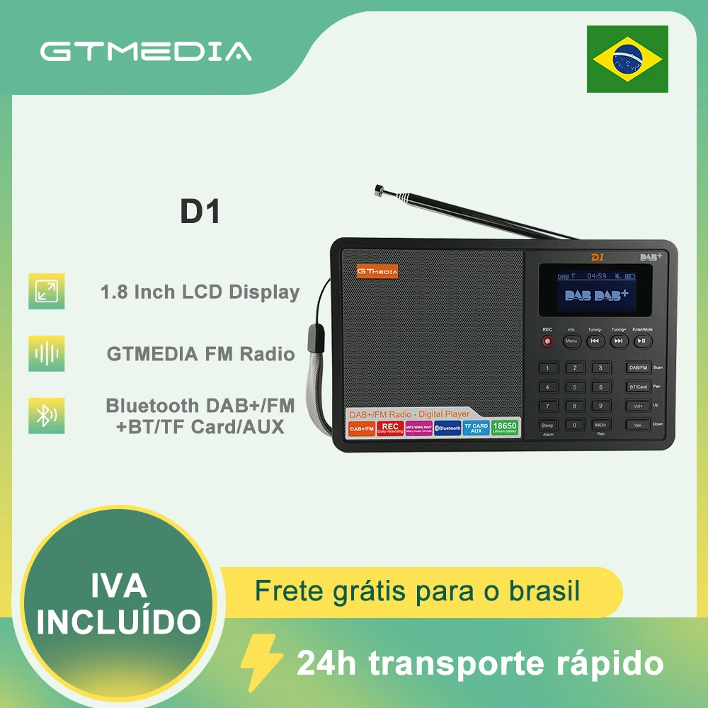GTMEDIA D1 FM-радио Bluetooth DAB +/FM + BT/TF-карта/AUX 1 8 дюймовый ЖК-дисплей DAB-радио динамик с 18650