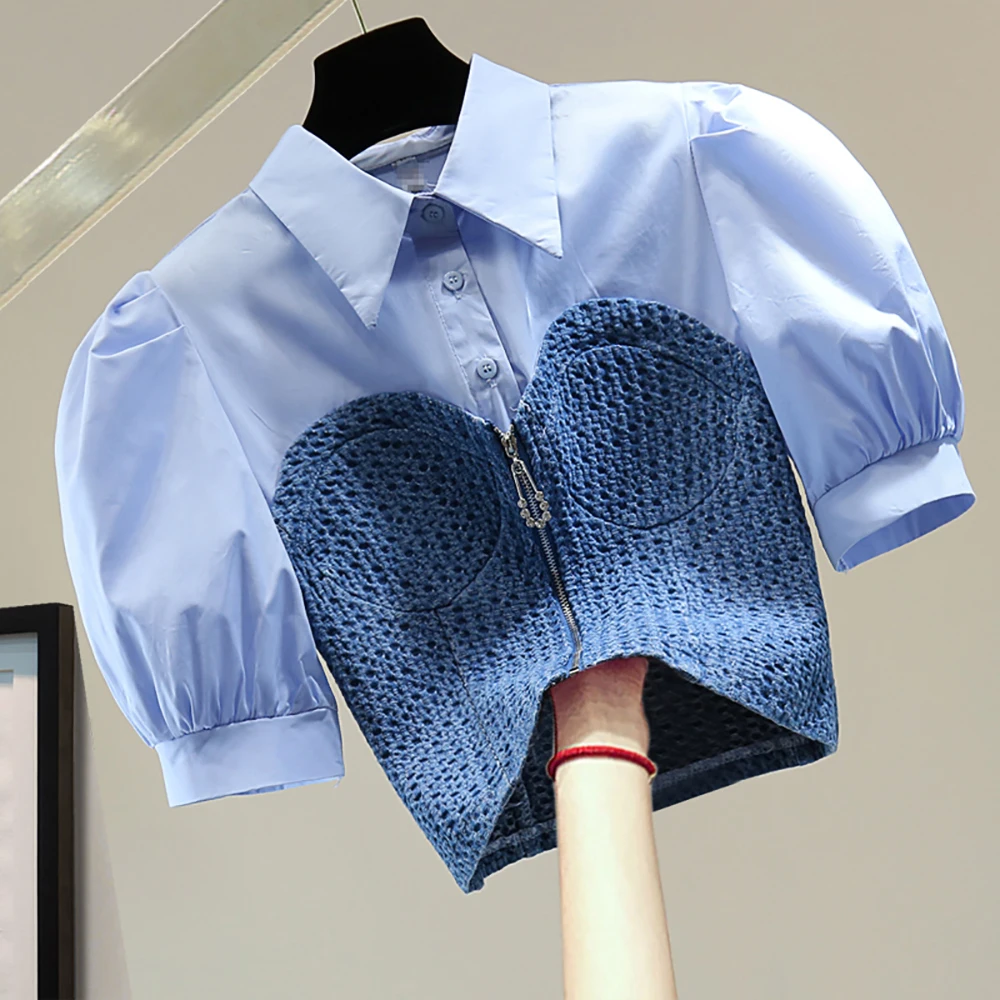 Summer Elegant Patchwork Short Shirts For Women Casual Fashion Glitter Zipper Short Puff Sleeve Straight Blouses Ladies Crop Top
Summer Elegant Patchwork Short Shirts For Women Casual Fashion Glitter Zipper Short Puff Sleeve Straight Blouses Ladies Crop Top