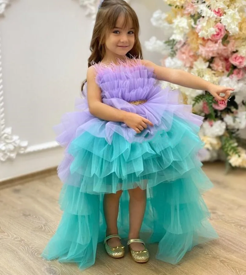 

Cute Lilac Aqua Flower Girl Dresses Shiny Bow Tulle Feather Wedding Birthday Party Dress Child Kids Pageant Tiered Ball Gown New