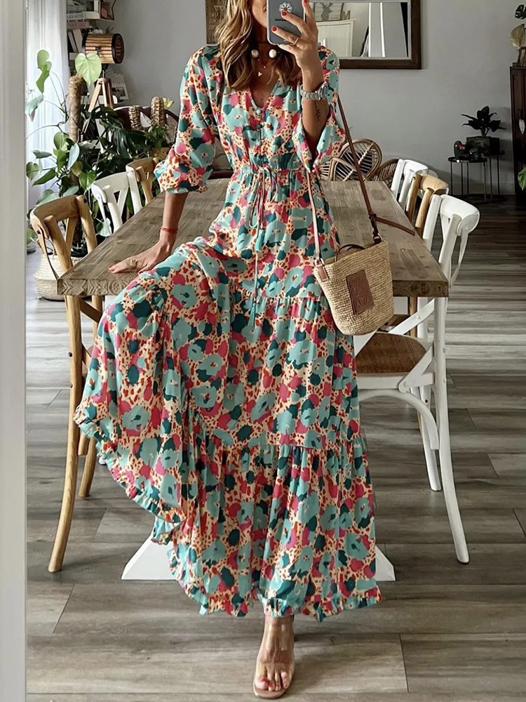 Vintage Boho Print Long Beach Dress Ladies Summer Casual 3/4 Sleeve V Neck Waist Lace-up Dress Women Fashion Button Loose Dress
Vintage Boho Print Long Beach Dress Ladies Summer Casual 3/4 Sleeve V Neck Waist Lace-up Dress Women Fashion Button Loose Dress
