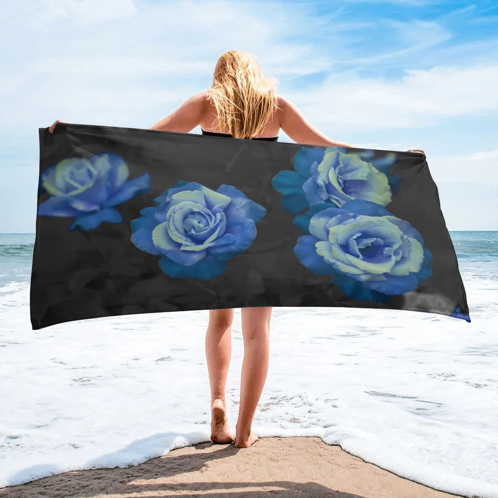 

Пляжное полотенце из микрофибры с синими розами и цветами, абсорбирующее банное полотенце для женщин и детей, мягкое быстросохнущее банное ...