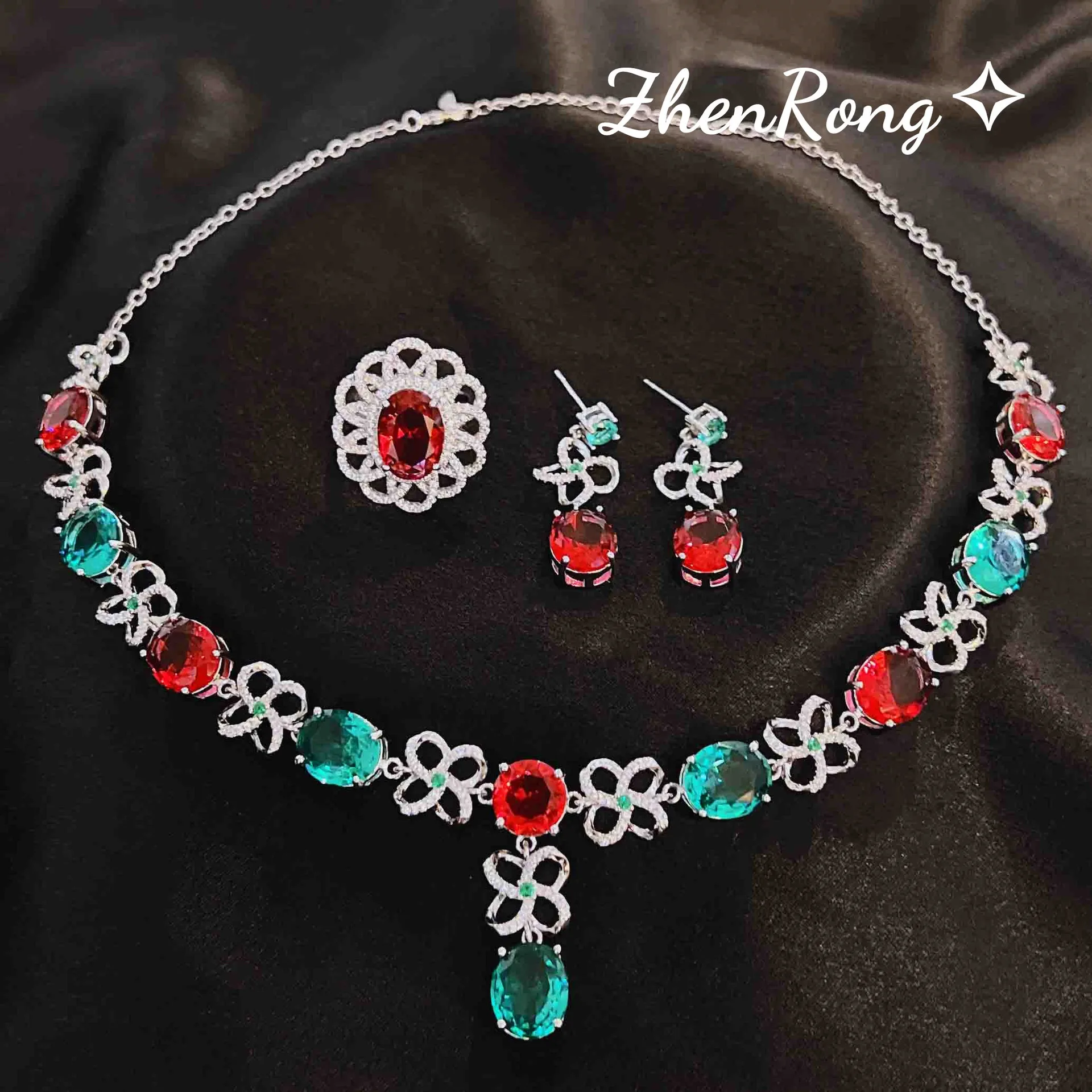 Luxury Wedding Bridal Accessories Green and Red Artificial Color Tourmaline Necklacee Earrings Rings Jewelry Sets For Women
Luxury Wedding Bridal Accessories Green and Red Artificial Color Tourmaline Necklacee Earrings Rings Jewelry Sets For Women
