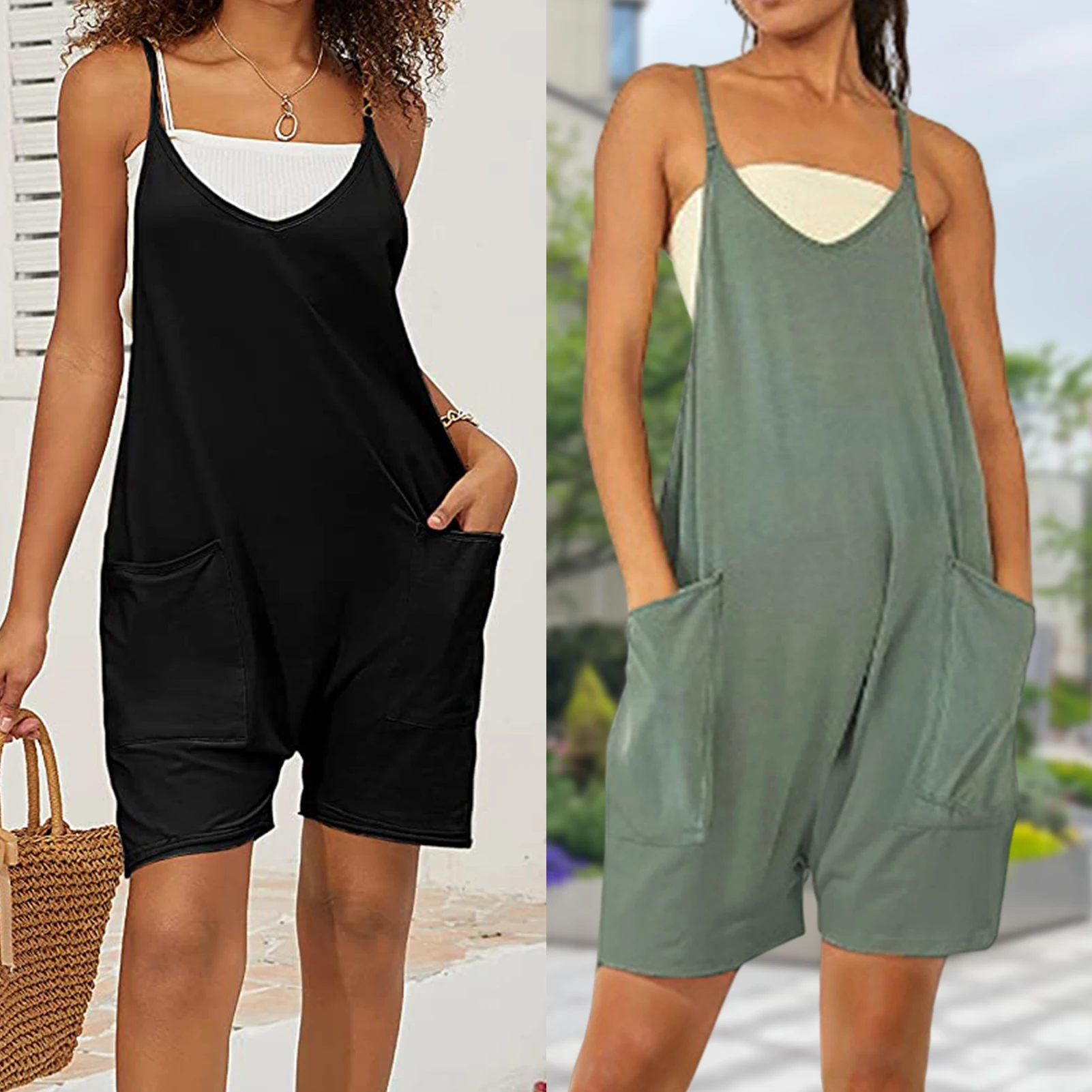 Women Jumpsuit Overalls V-neck Pocket Spaghetti Strap Sleeveless Short Romper Casual Loose Solid Color Streetwear Playsuits
Women Jumpsuit Overalls V-neck Pocket Spaghetti Strap Sleeveless Short Romper Casual Loose Solid Color Streetwear Playsuits