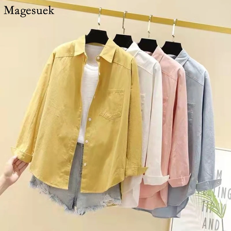 

Spring Autumn Fashion Cotton Blouse Women Casual Loose Solid Tops Women's Shirts Long Sleeve Pocket Button Shirt Clothes 18156