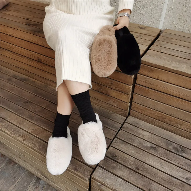 

Woman Mink Fur Shoes Winter Rubber Flats Loafers White Wool Slides Warm Slippers Femme Semi-Trailer Home Furry Mules