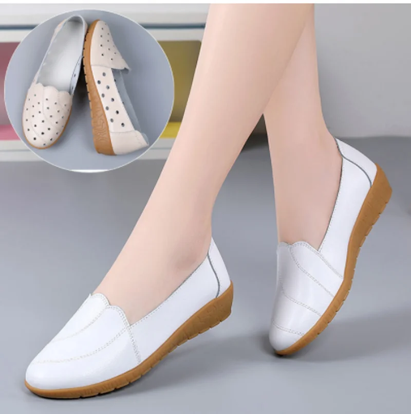 

Fashion White Leather Casual Shoes For Women Summer Flats Cut Outs Breathable Loafers Ladies Ballet Shoes Moccasins Female Shoe