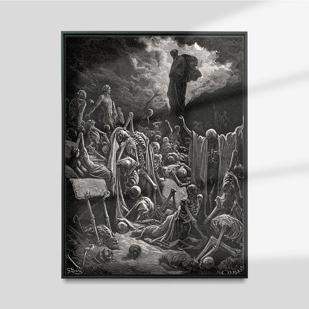 

The Vision Of The Valley Of Dry Bones Print Poster Gustave Dore Wall Picture Dark Art Canvas Painting Skull Hell Religion Decor
