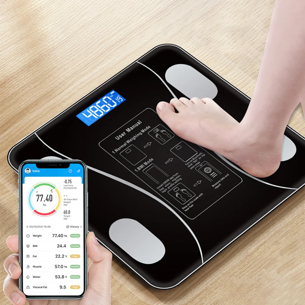 

Напольные весы для ванной комнаты, умный ЖК-анализатор состава тела, совместимый с Bluetooth, цифровой безмен для измерения массы тела и жира