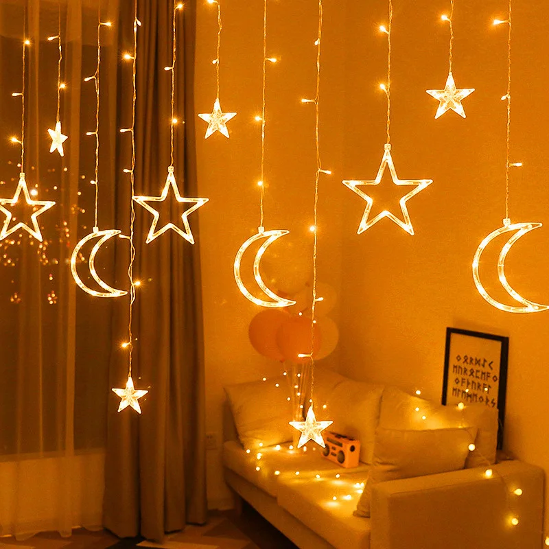 

Eid Mubarak светодиодная гирлянда со звездами и луной, Сказочная Гирлянда для дома, свадьбы, дня рождения, декор для вечеринки, шторы, лампа