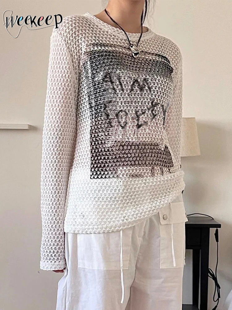 Weekeep White Full Sleeve See Through T Shirt Harajuku Letter Print Hollow Out Holes T-shirts Women Korean Style Loose Tee Smock
Weekeep White Full Sleeve See Through T Shirt Harajuku Letter Print Hollow Out Holes T-shirts Women Korean Style Loose Tee Smock