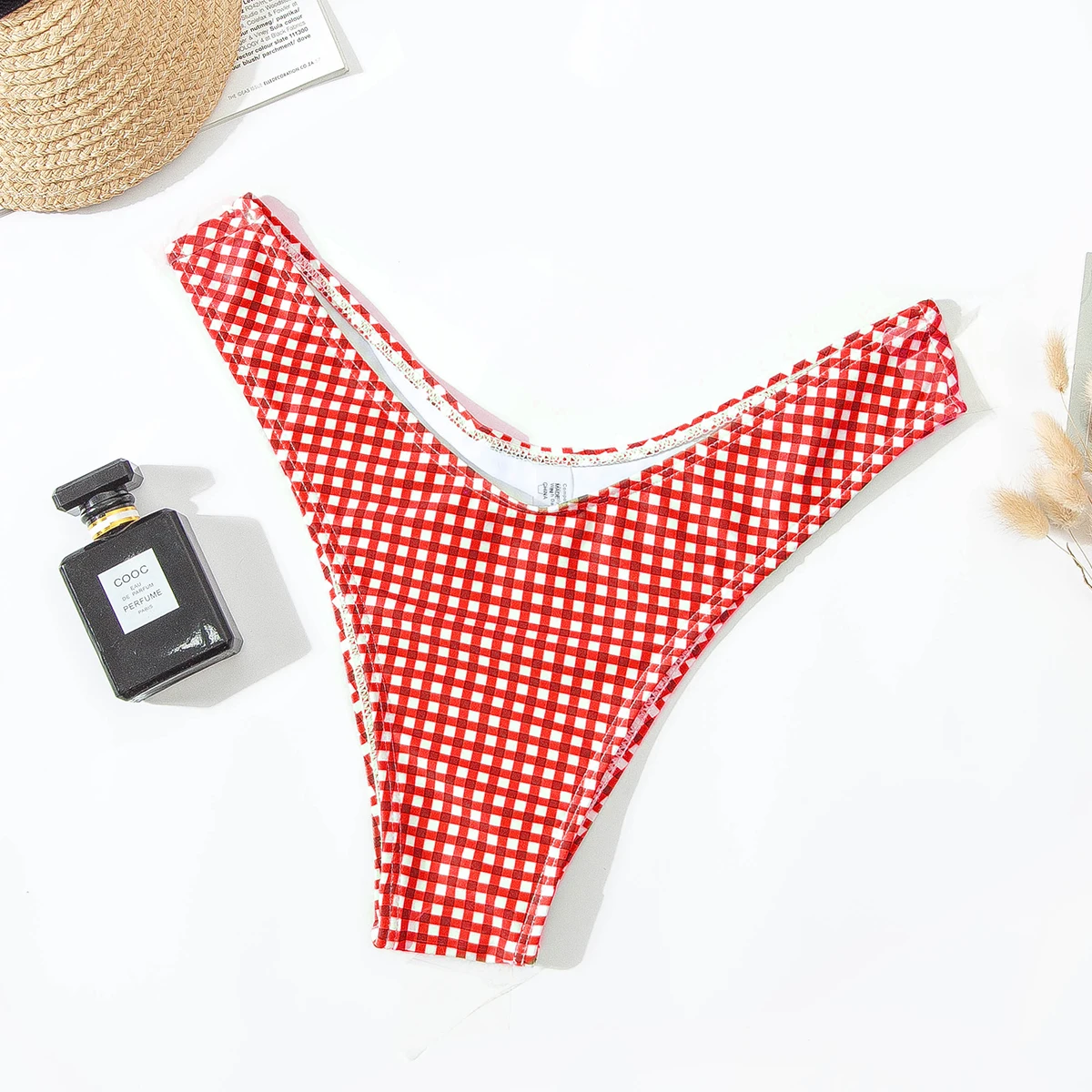 

swim CyxWzy Swimsuits Women 2022 Bikinis Fashion Swimwear Set With Shorts Summer Beach Suit Thick Red and White Check Printing