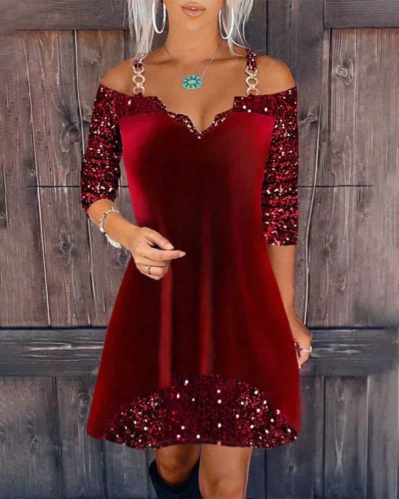 New Women Contrast Sequin Cold Shoulder Velvet Casual Dress 2023 New Year Festival Short Sleeve Evening Party Wear Sexy Robes 
New Women Contrast Sequin Cold Shoulder Velvet Casual Dress 2023 New Year Festival Short Sleeve Evening Party Wear Sexy Robes