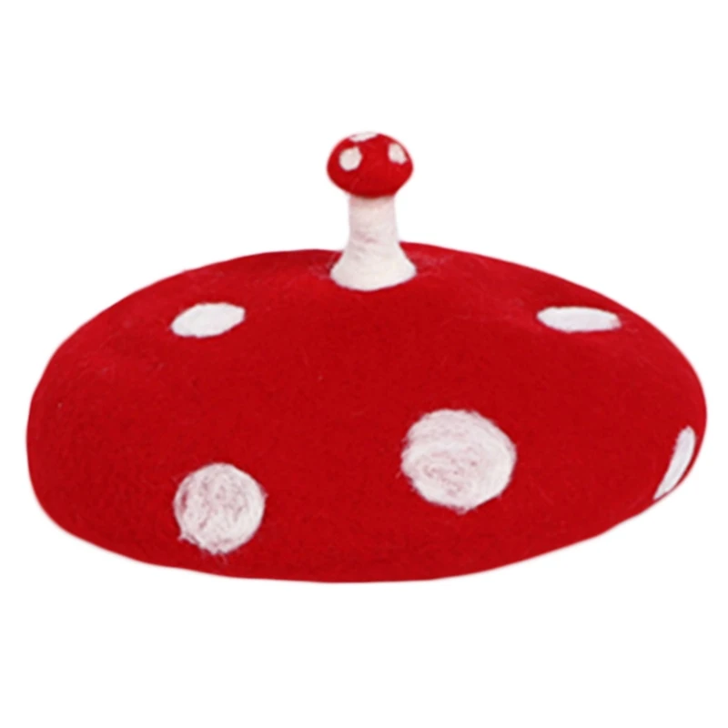 

Women Kids Novelty Cute Small Mushroom Red Beret Cap Handmade Faux Felt Wool White Point Vintage Painter Beanie Hat