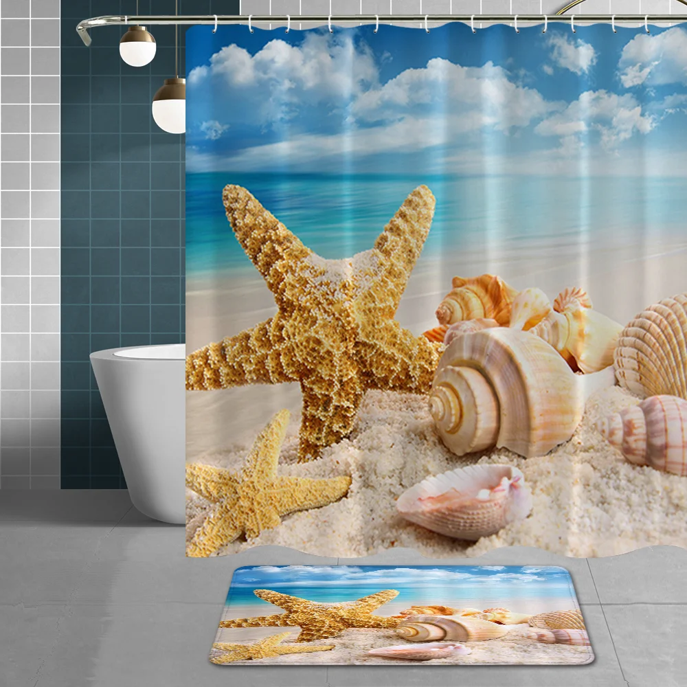 

Beach Tropical Blue Sky Ocean Fabric Bath Accessories Kit Wave Beach Conch Seashell Starfish Island Palm Tree Home Decor