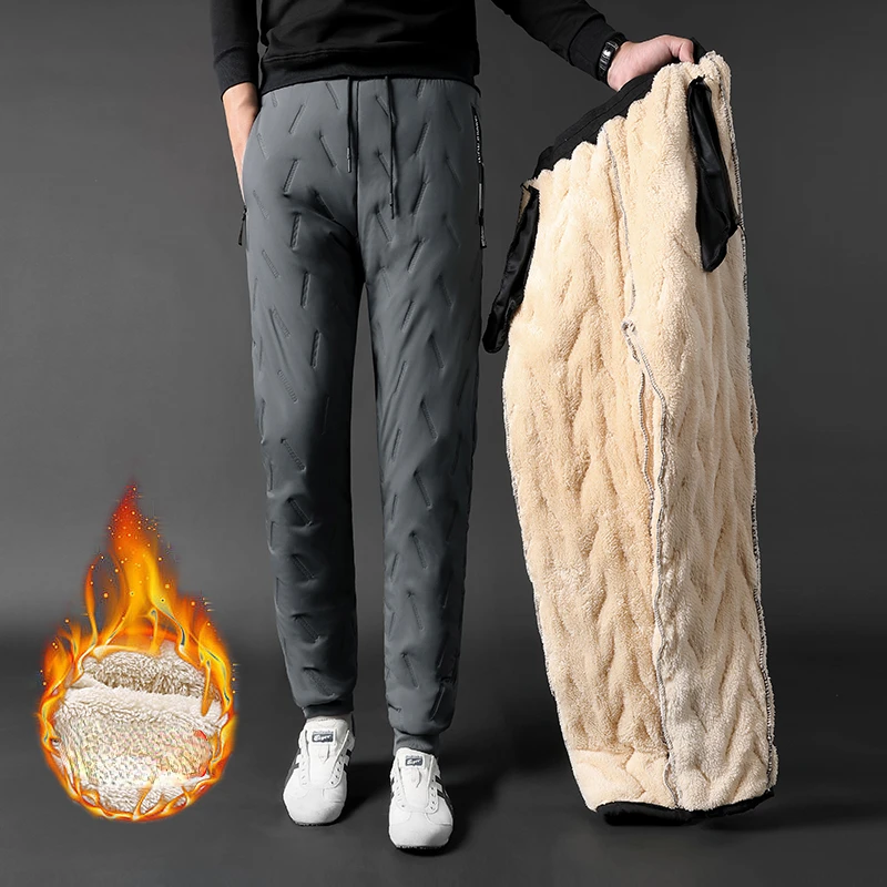 

Men's Lambswool Casual Pants Winter Thick Fleece Thermal Trousers Keep Warm Water Proof Black Gray Joggers Pants Male Sweatpants