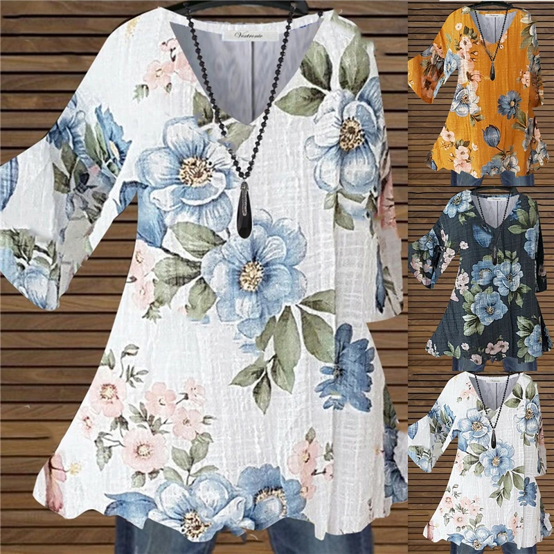 2022 Spring And Autumn Fashion T-Shirt Women Tops Causal Loose Floral Printed Shirts V-Neck Middle Long Sleeves Tee Tops 
2022 Spring And Autumn Fashion T-Shirt Women Tops Causal Loose Floral Printed Shirts V-Neck Middle Long Sleeves Tee Tops