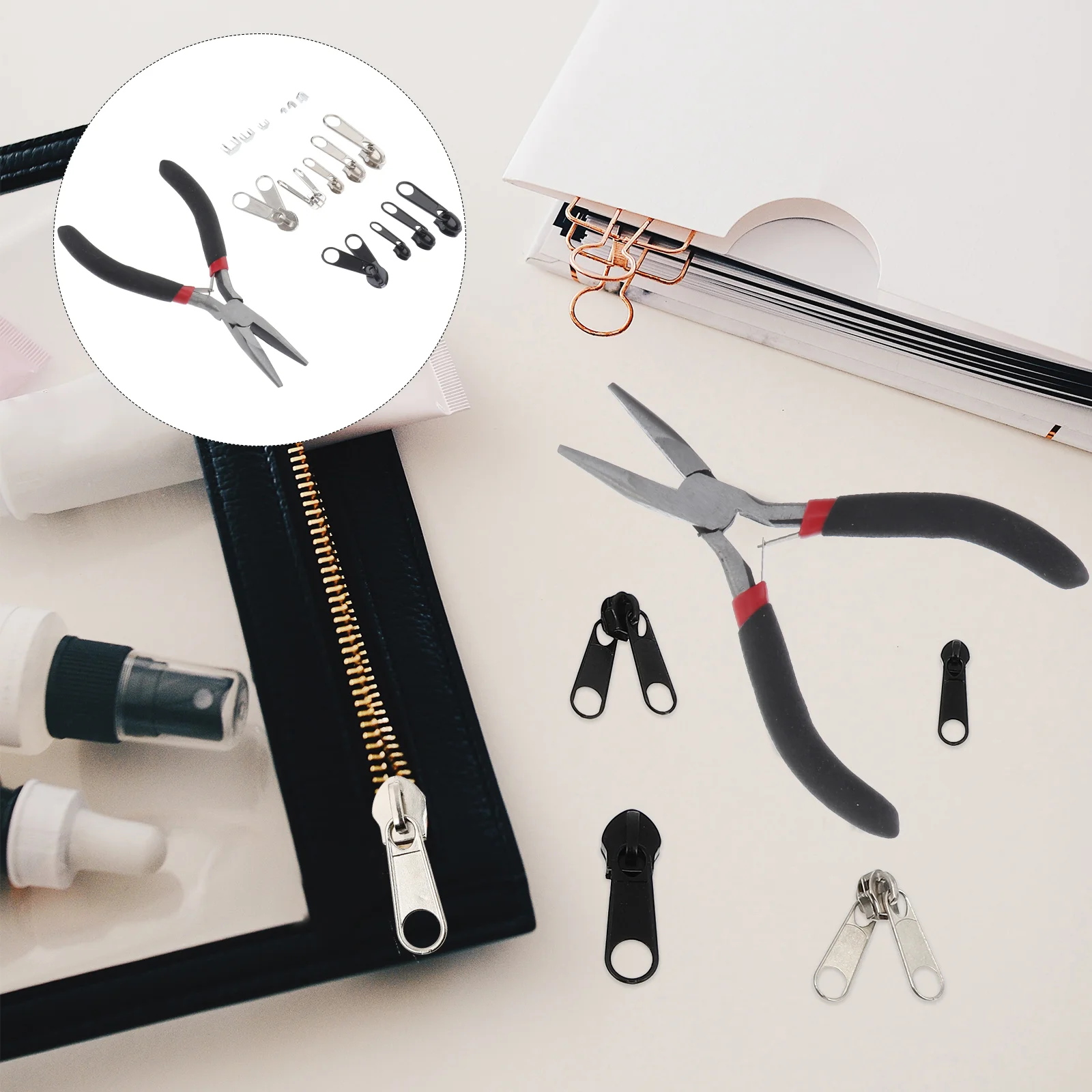 Zipper Slider Zipper Plier Set Replacement Zipper Stops Set for Home Luggage Clothes 85Pcs 
Zipper Slider Zipper Plier Set Replacement Zipper Stops Set for Home Luggage Clothes 85Pcs