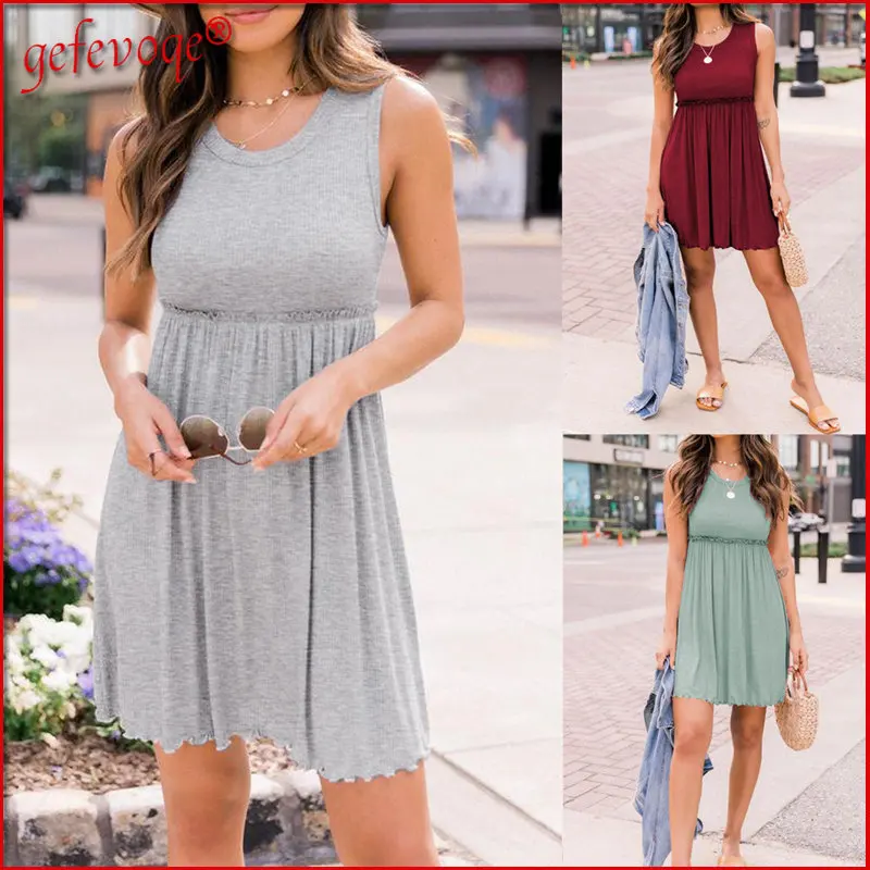 Vacation Fashion Slim Basic Dresses Woman Summer 2022 Casual Solid O Neck Rib Ruffle Sleeveless Beach Mini Dress Female Clothing
Vacation Fashion Slim Basic Dresses Woman Summer 2022 Casual Solid O Neck Rib Ruffle Sleeveless Beach Mini Dress Female Clothing