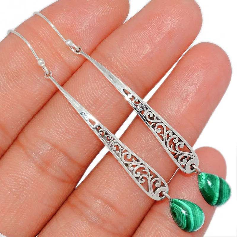 

Retro Classic Silver Color Carved Patterns Inlaid with Green Stones Long Dangle Earrings for Women Engagement Party Jewelry