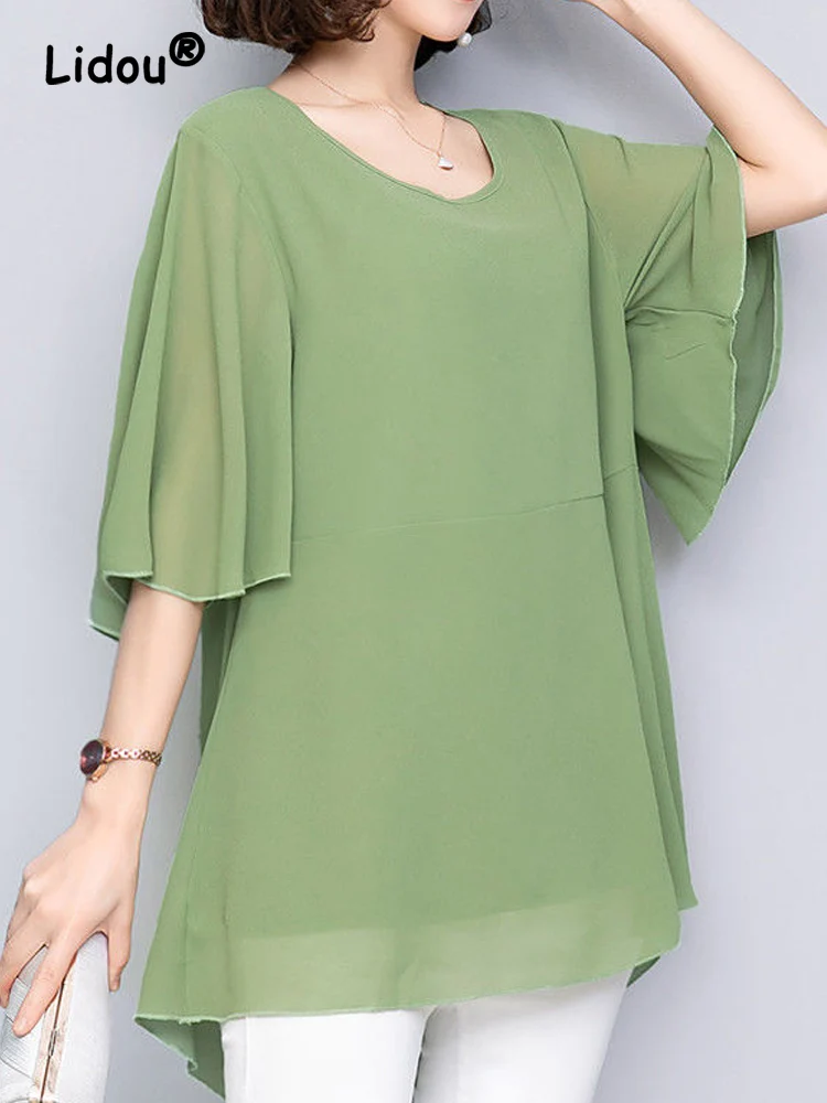 Elegance Ruffles Patchwork Solid Blouse Women Classic Short Sleeve Summer Loose Round Neck Fashion Chiffon Pullover Shirt 2022
Elegance Ruffles Patchwork Solid Blouse Women Classic Short Sleeve Summer Loose Round Neck Fashion Chiffon Pullover Shirt 2022