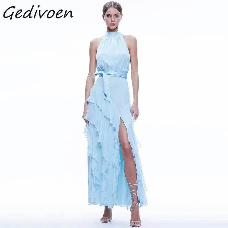 Летнее модное дизайнерское синее элегантное платье Gedivoen, женское длинное платье с воротником-стойкой, открытыми плечами, асимметричными оборками и разрезом
Летнее модное дизайнерское синее элегантное платье Gedivoen, женское длинное платье с воротником-стойкой, открытыми плечами, асимметричными оборками и разрезом