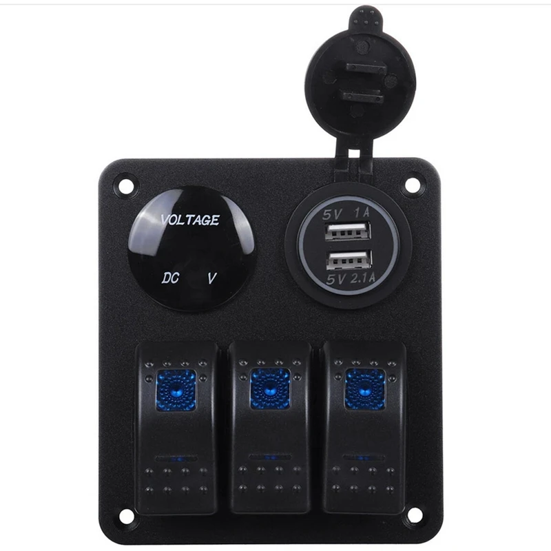 

Boat Car RV LED 3 Gang Rocker Toggle Switch Control Panel 12V With 3.1A Dual USB Charger & Digital Display Voltmeter