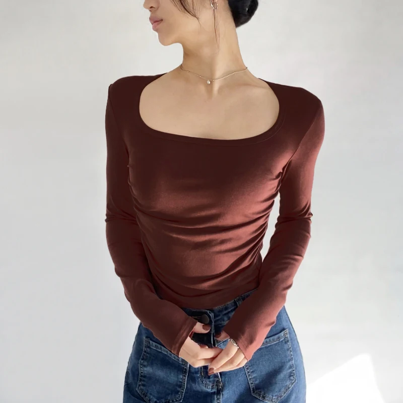 Women Square Neck Slinky Ruched Side Long Sleeve Top 
Women Square Neck Slinky Ruched Side Long Sleeve Top