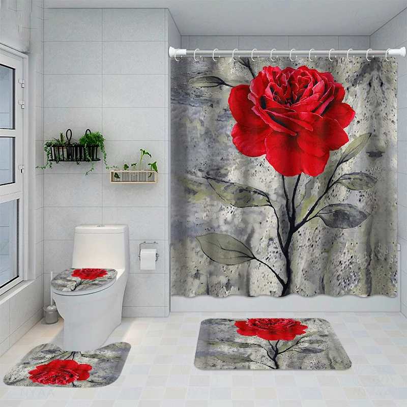 Rose Waterproof Bathroom Shower Curtain Set with Bath Mats and Rugs Toilet Seat Cover Bathroom Decor Polyester Fabric Washable
Rose Waterproof Bathroom Shower Curtain Set with Bath Mats and Rugs Toilet Seat Cover Bathroom Decor Polyester Fabric Washable