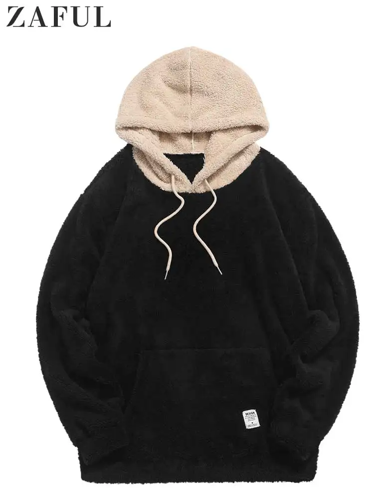 

ZAFUL Hooded Hoodie for Men Faux Fur Fluffy Sweatshirts Colorblock Streetwear Pullover Fall Winter Jumper with Kangaroo Pocket