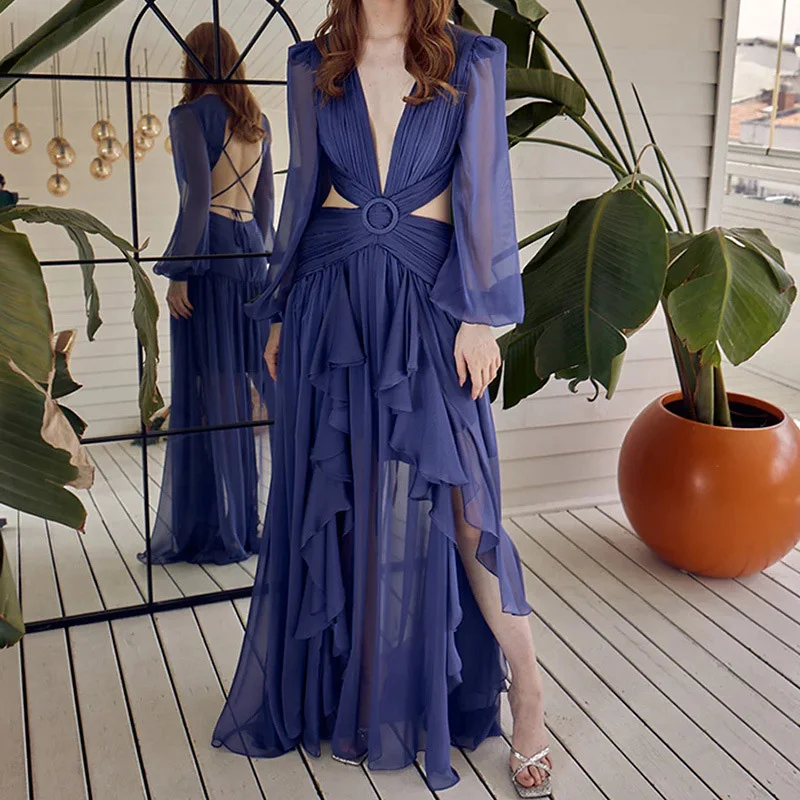 Fashion Solid Deep V Neck Chiffon Maxi Dress Ruffles Pleated Split Women Sexy Dress Casual Lantern Sleeve Backless Beach Dresses
Fashion Solid Deep V Neck Chiffon Maxi Dress Ruffles Pleated Split Women Sexy Dress Casual Lantern Sleeve Backless Beach Dresses