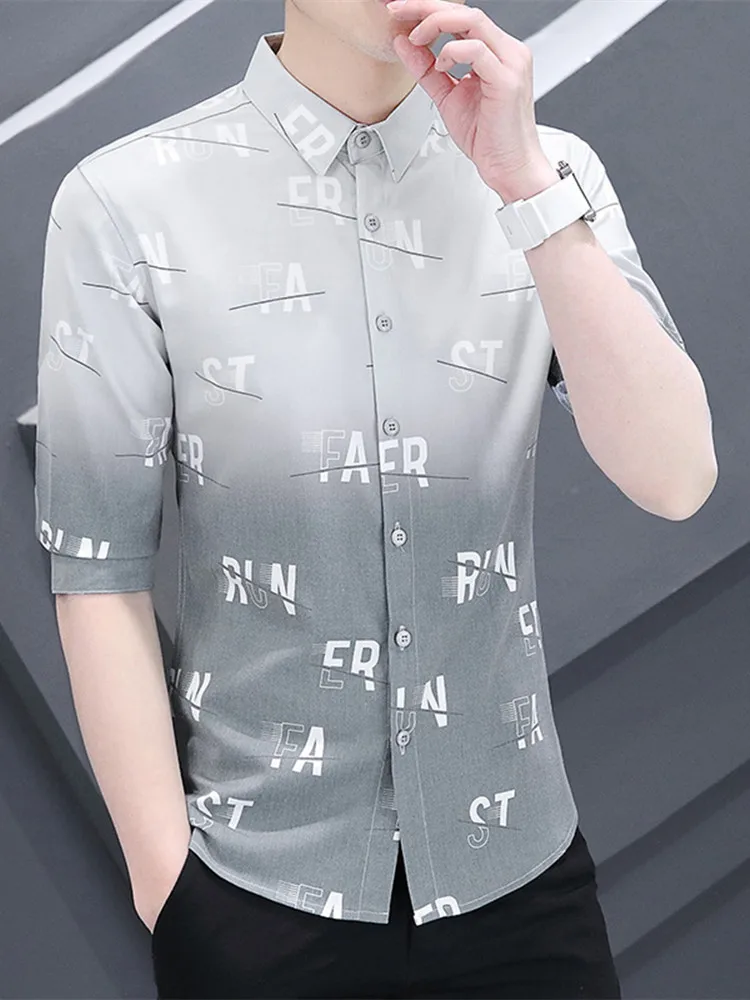 

Summer Men's New Casual Slim Fit Stitching Print Letters Five Points Sleeve Lapel Thin Shirts 8 Optional Daily Tops for Men