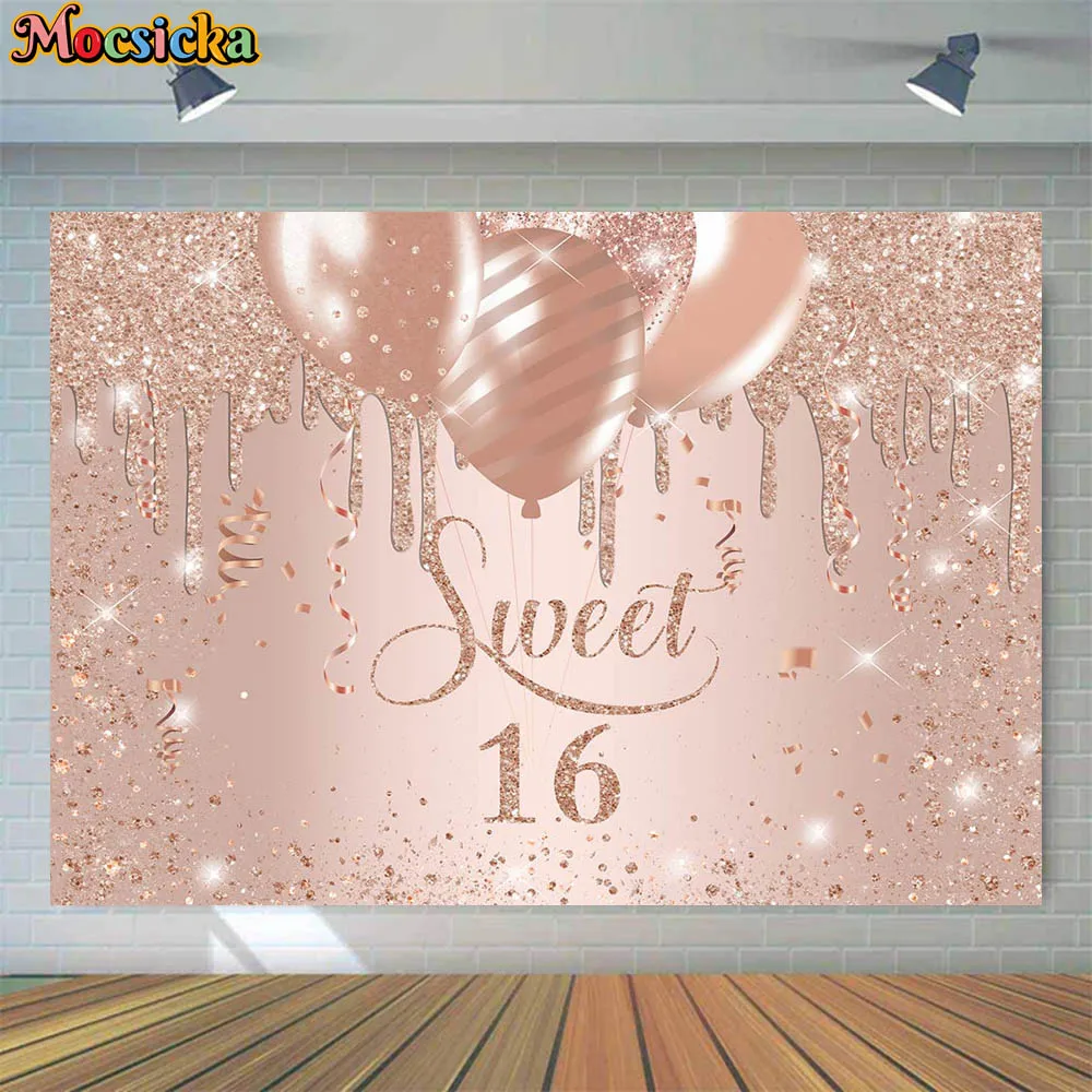 

Mocsicka Girl 16th Birthday Backdrop Rose Gold Glitter Sweet 16 Party Decor Background Happy Sixteen Birthday Banner Photo Shoot