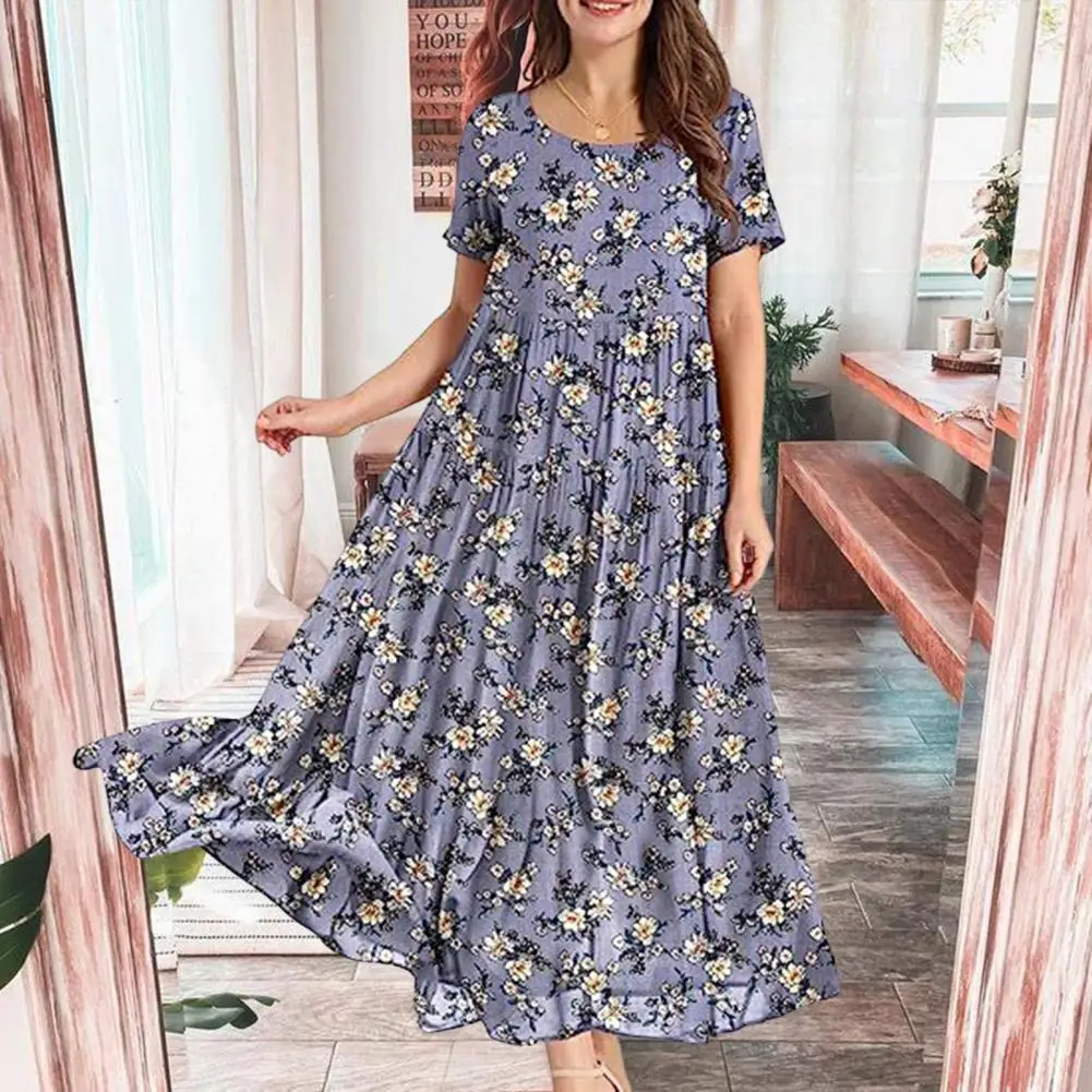 Women Summer Dress Flower Print A-line Loose Hem Pleated Short Sleeve Ankle Length Lady Vacation Beach Maxi Dress
Women Summer Dress Flower Print A-line Loose Hem Pleated Short Sleeve Ankle Length Lady Vacation Beach Maxi Dress