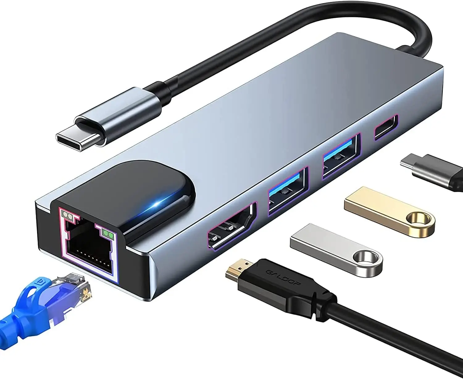 

Adaptador multiporta USB C Hub, 5 em 1 USB C Docking Station com 4K HDMI, RJ45 Ethernet, USB3.0, 100W PD, compatível com MacBoo