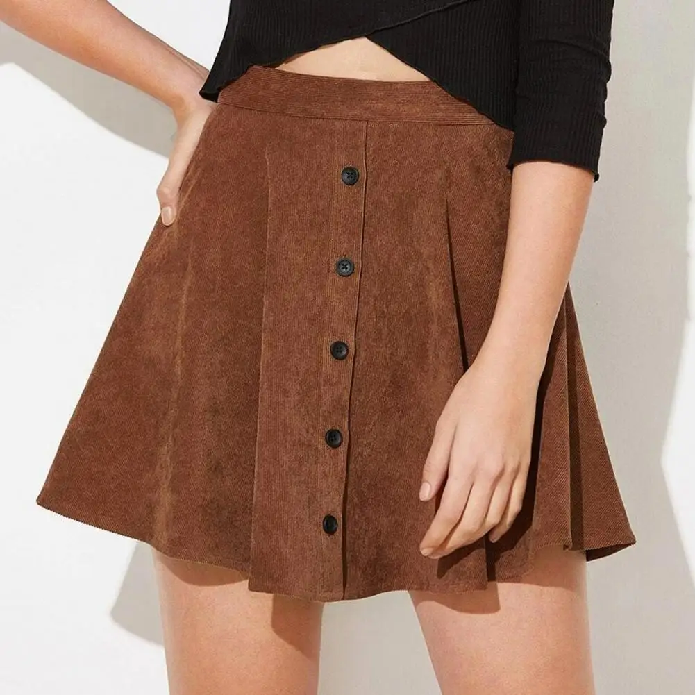 

Vintage Corduroy Skirt High-Waist Buttons Decor Loose Hem A-line Skirt Autumn Winter Solid Color Skater Mini Skirt Streetwear