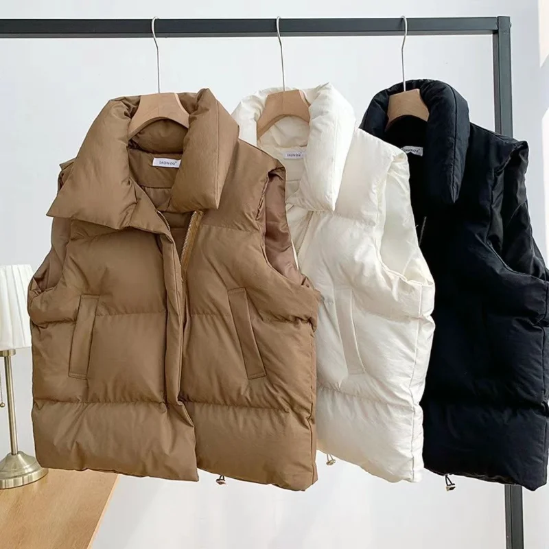 

Autumn and Winter New Cotton Vests for Women Undershirt Warm Jacket Lapel Zipper Sleeveless Short Section Pike Coat Loose Vest